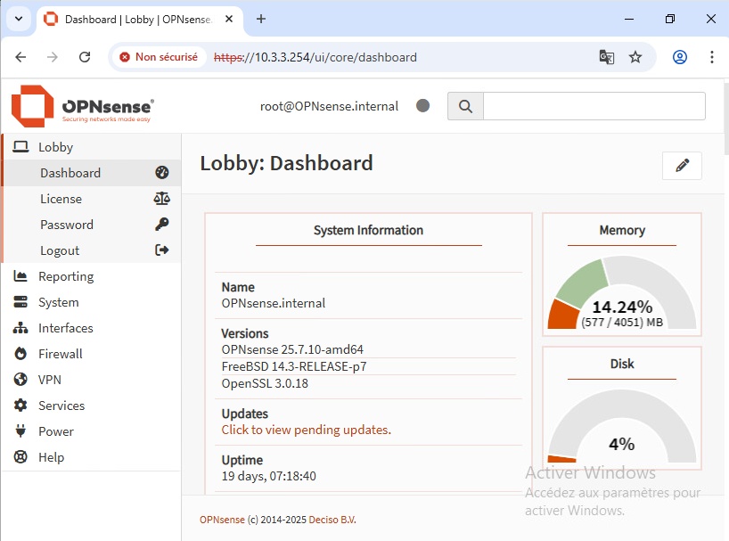Tableau de bord et interfaces OPNsense